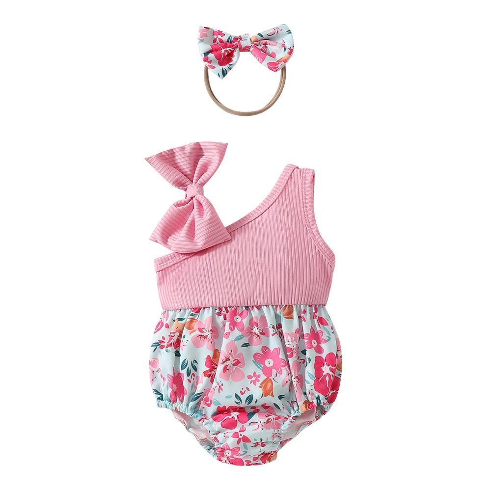 Baby Girls Rompers Floral Print Bowknot Infant Bodysuits with Headband