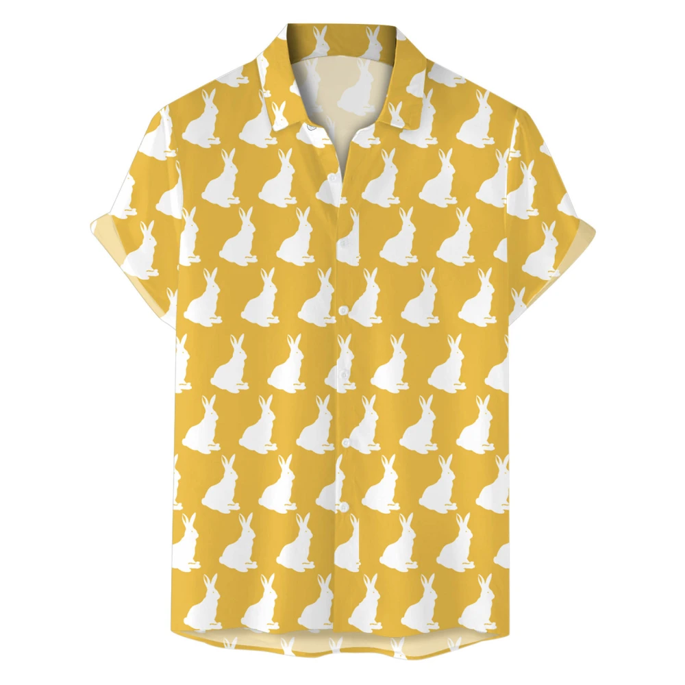 Men's Beach T Shirt Short Sleeve Lapel Rabbit/Egg Print Button Shirt