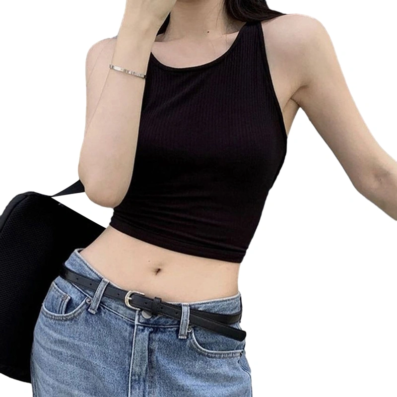 Women Crop Tops Sleeveless O Neck Open Back Cross Bandage Vest Tops