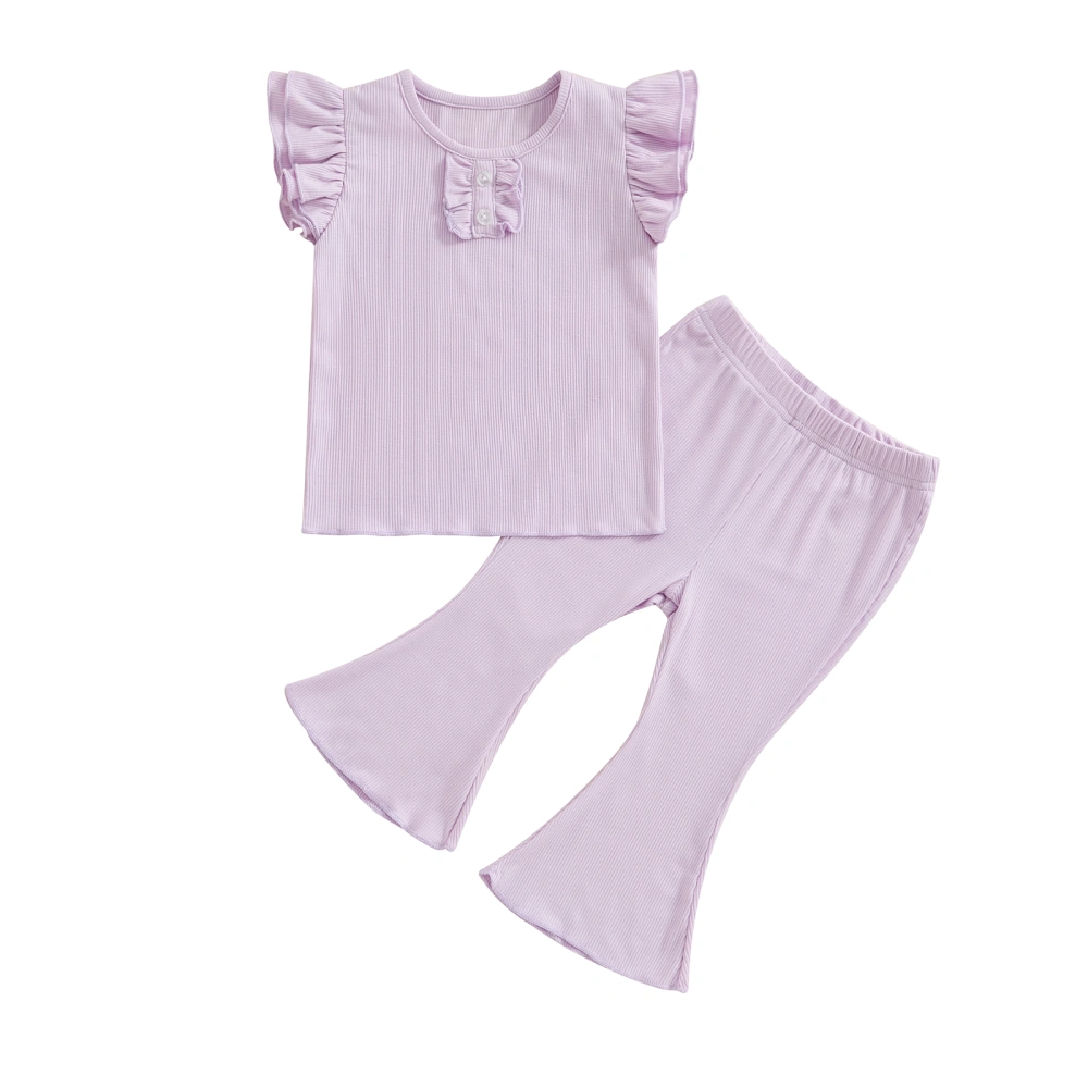 Toddler Girl Summer Outfits Solid Color Ribbed Knit Tops Pants Set