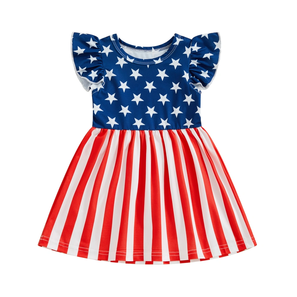 Girls Independence Day Dress Flying Sleeve Stars Stripe Print Dress