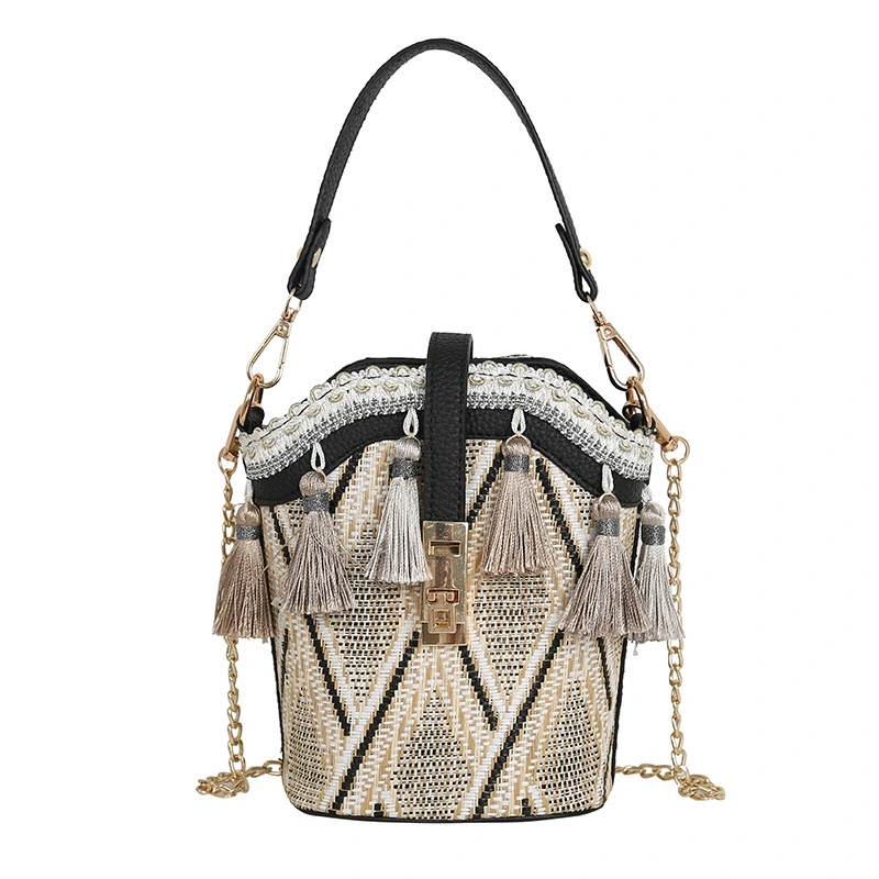 Women Straw Woven Bag Ethnic Style Tassels Shoulder Bag#