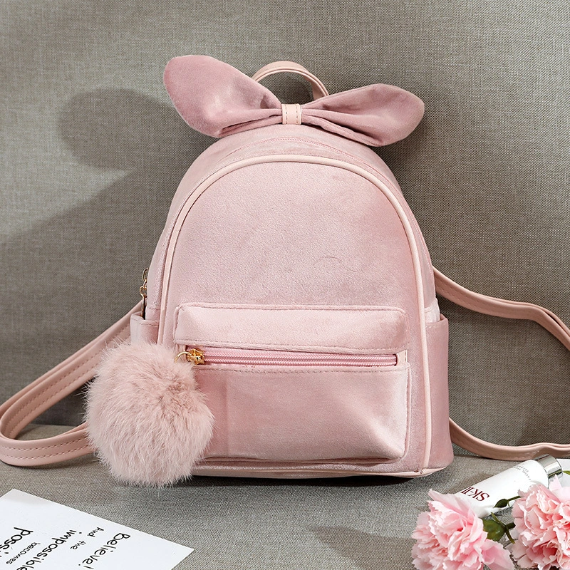 Girls Mini Backpack Women Pompom Ball Solid Color Corduroy Small Backpack-