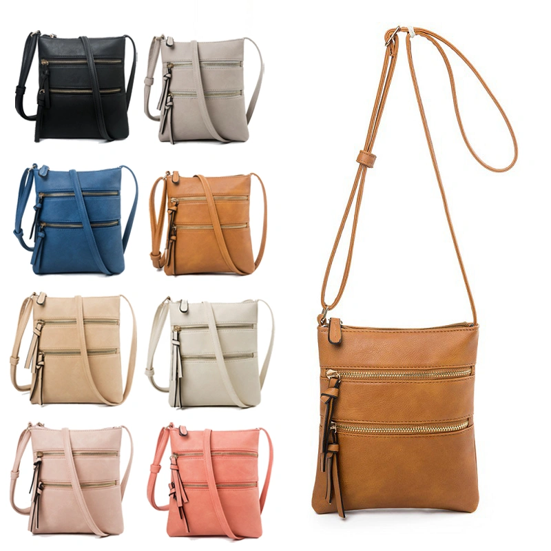 Solid Color Women Shoulder Bags Double Zippers Messenger Bag-