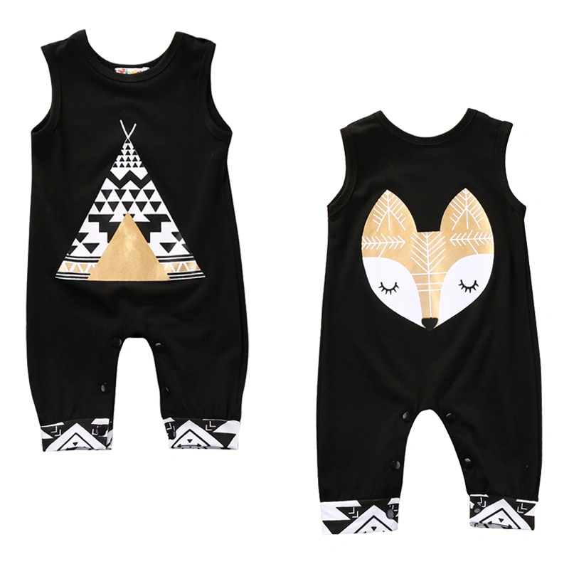 Baby's One-piece Printed Romper, Sleeveless Snap Button Crotch Bodysuit