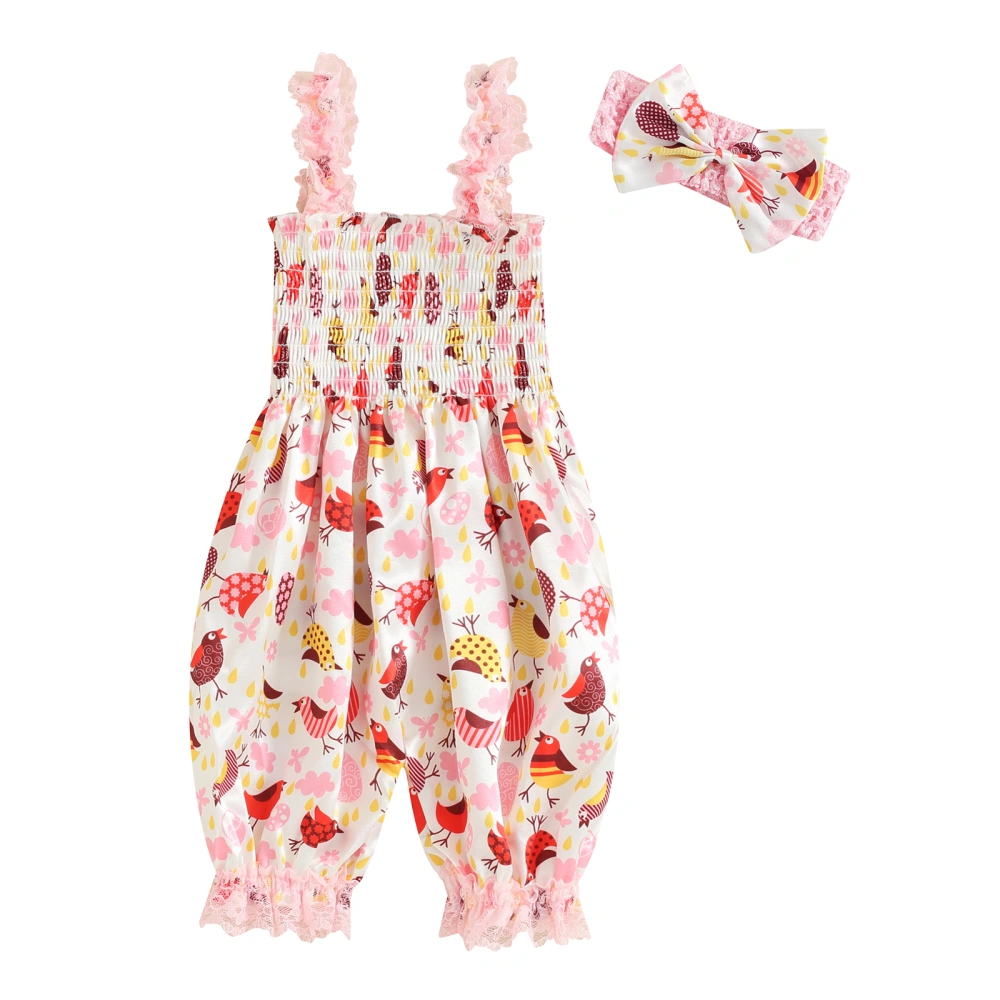 Baby Girl's Two-Piece Suit, Cartoon Print Sling Romper + Headwear