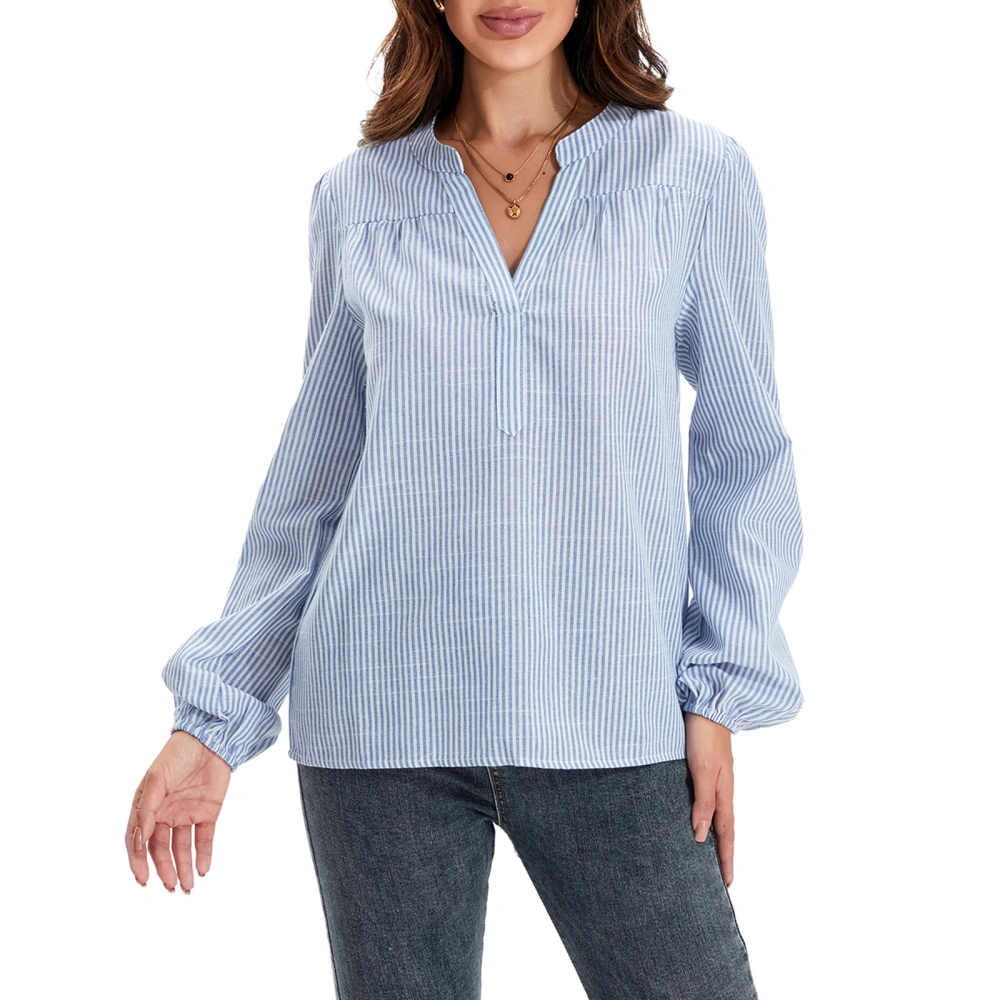 Women's Spring Fall Shirt Vertical Stripe Long Sleeve V-Neck Tops