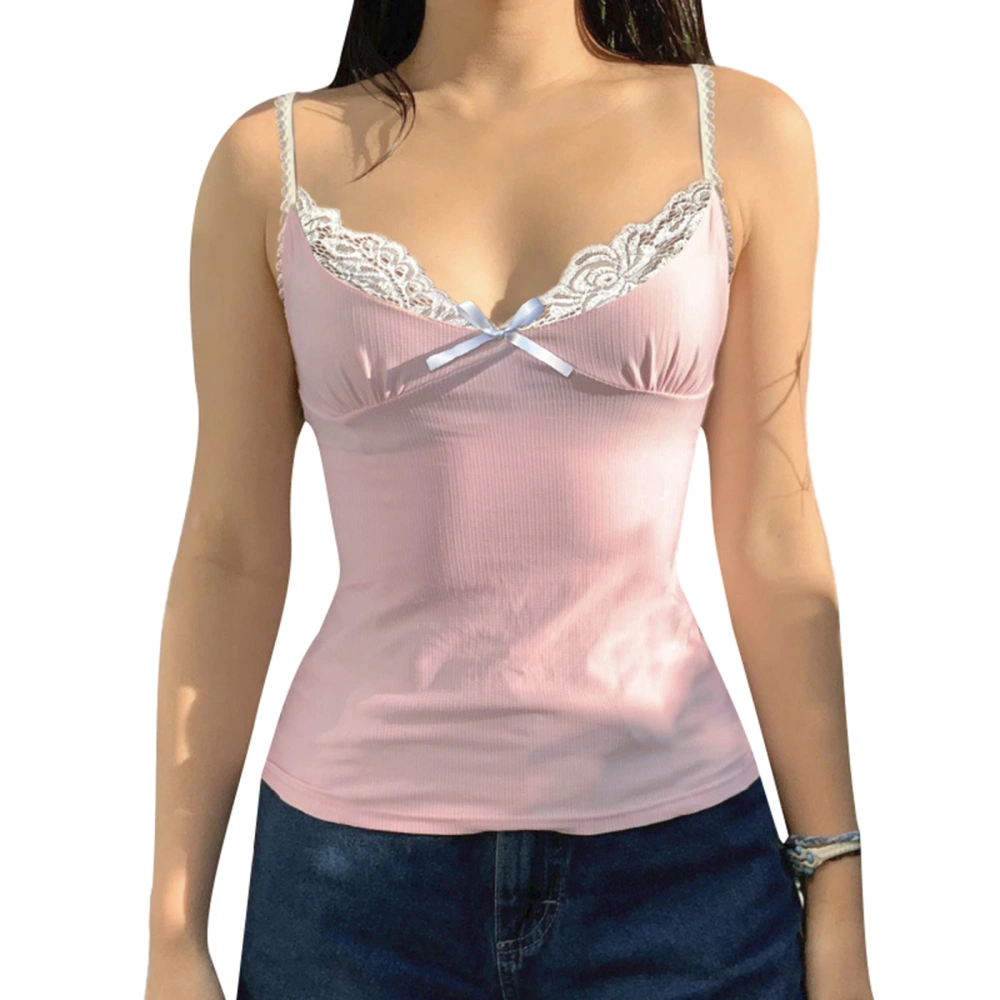 Women's Slim Cami Tops Mini Bowknot Front Lace Trim V-Neck Camisole 