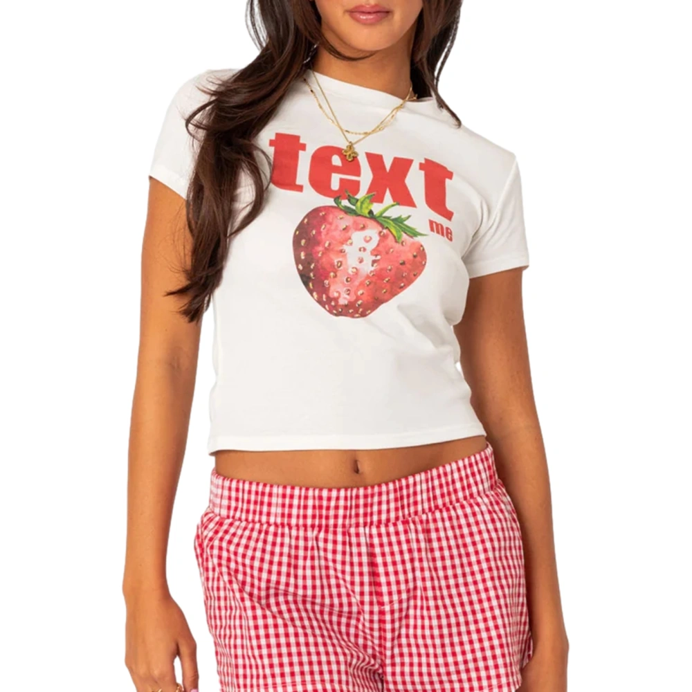 Women T-shirt, Short Sleeve Crew Neck Strawberry Print Summer Crop Top