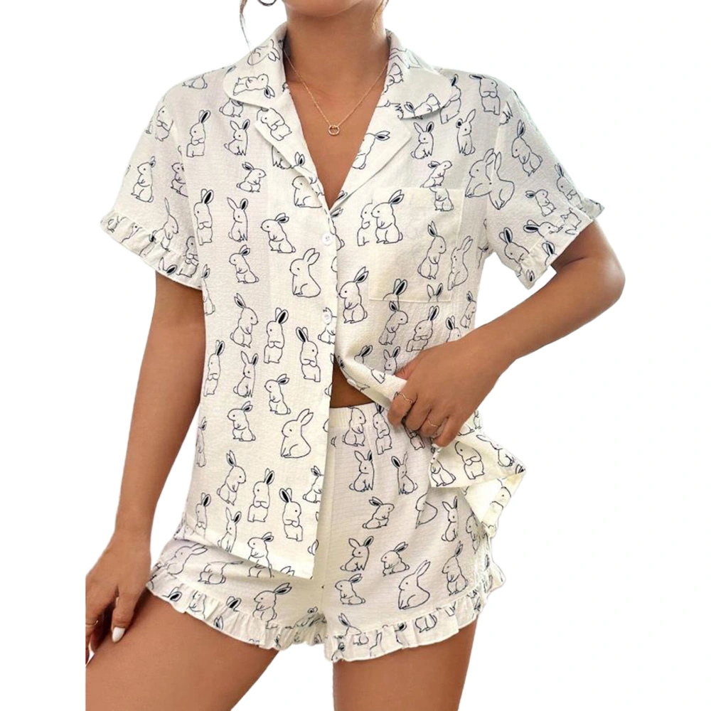 Women Lounge Set Short Sleeve Lapel Tops Rabbit Print Shorts Sleepwear