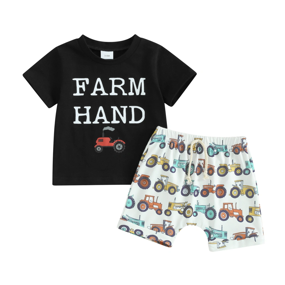 Boys Shorts Sets Black Short Sleeve Tops and Truck Print Shorts Sets