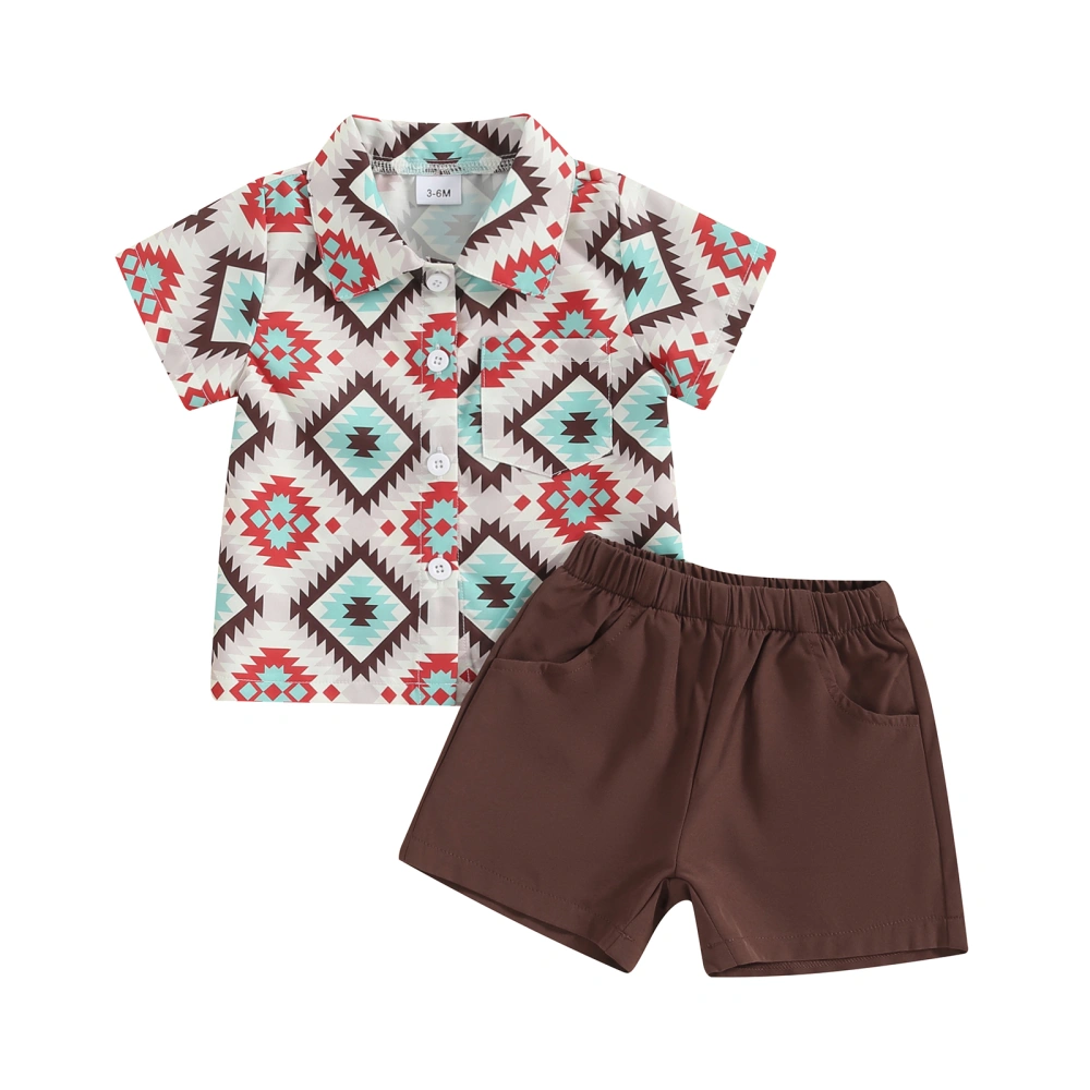 Boys Shorts Sets Geometric Pattern Print Tops Solid Color Shorts Sets