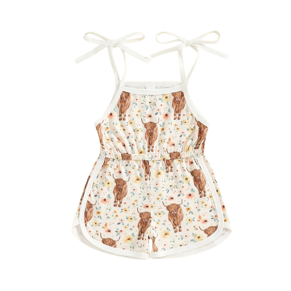 Girl Shorts Romper Dress Floral Cattle Print Sling Tie-Up Overalls