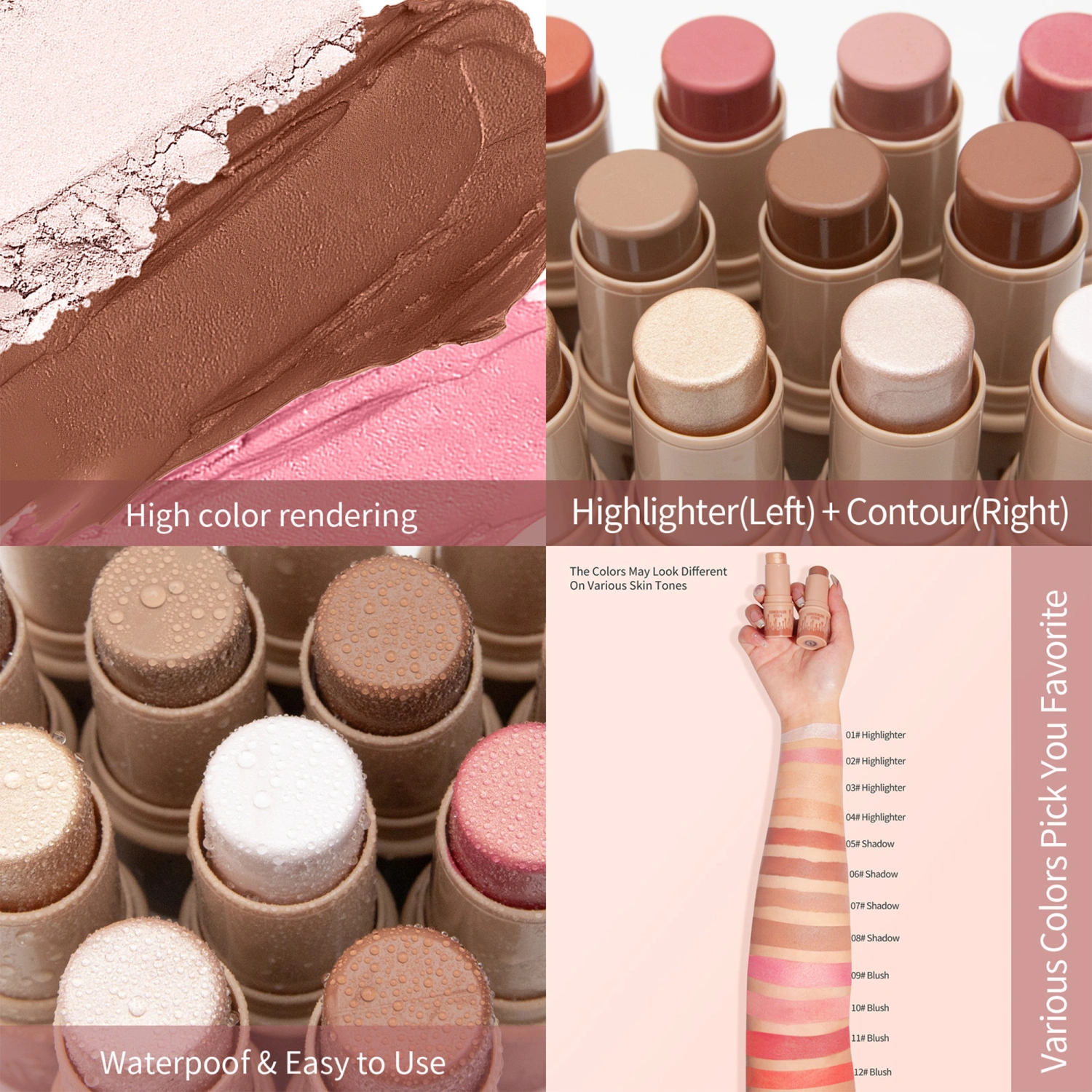 Cream Contour Sticks, Shades with Highlighter & Bronzer & Blush