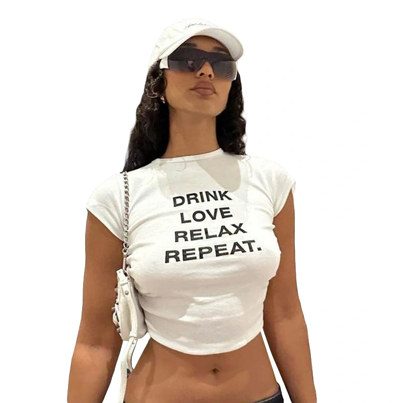 Women Crop Tops Letter Print Short Sleeve Round Neck Casual T-Shirt