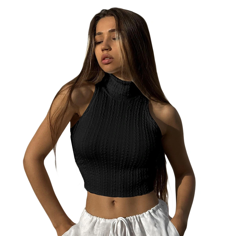 Women's Textured Tank Tops Sleeveless Turtleneck Knit Crop Tops