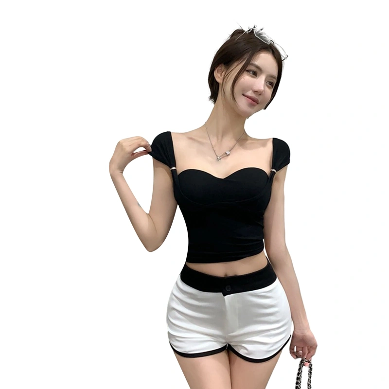 Women's Tight Fitted Sweetheart Neck Cap Sleeve Padded Crop Tank Tops