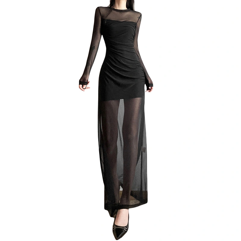 Women Long Dress, Long Sleeve See-through Patchwork Cocktail Dress