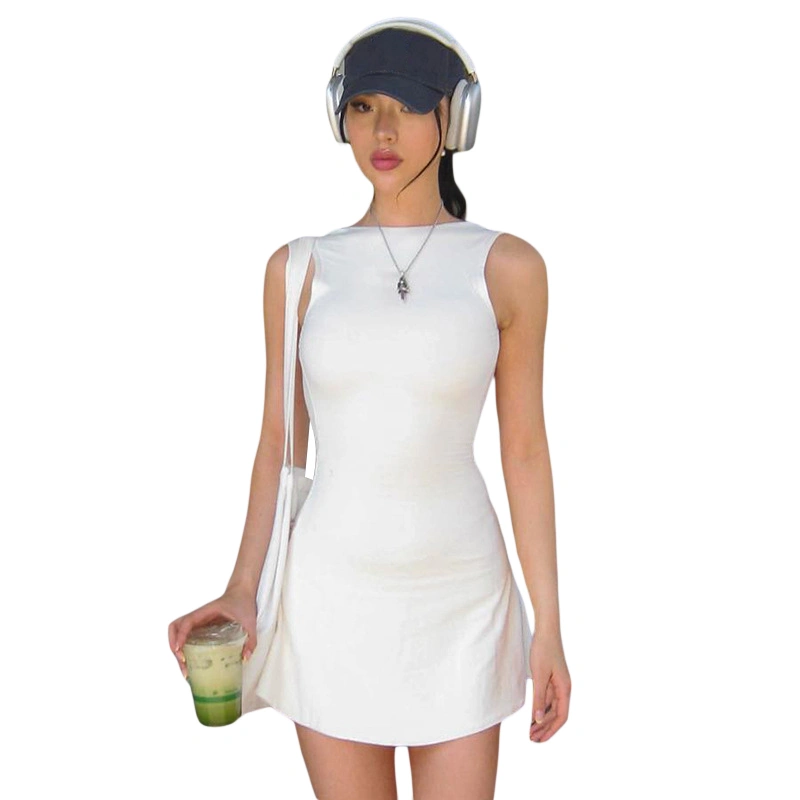 Women Backless Dress Casual Summer Solid Color Sleeveless Mini Dress