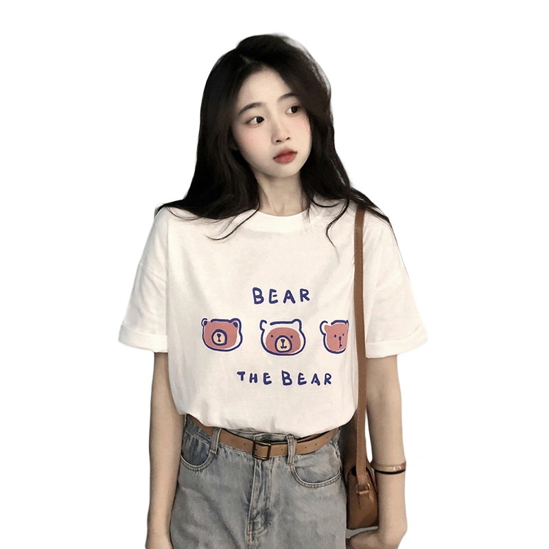 Women Summer T-Shirt Cute Bear Print Loose Short Sleeve Tops Pullover