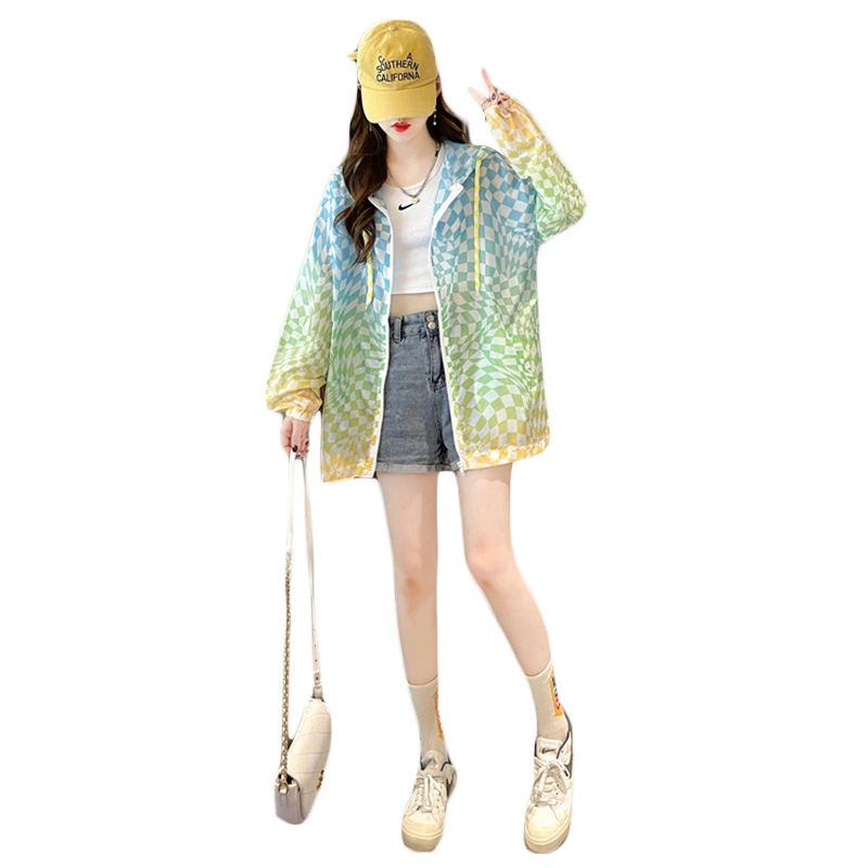 Women UV Jacket Gradient Plaid Print Sun Protection Shirt Hoodie