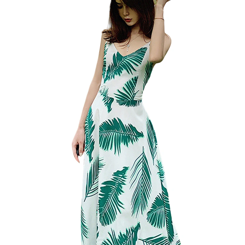 Women Sleeveless Boho Dress Summer Leaf Print Backless A-Line Dress