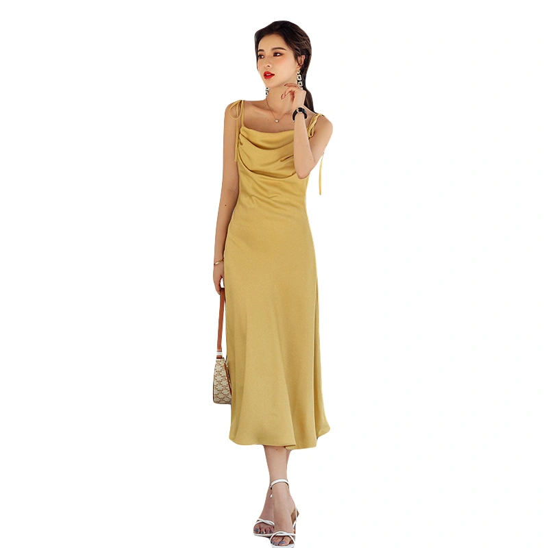 Women's Long Cami Dress Solid Tie-up Spaghetti Strap Cowl Neck Dress