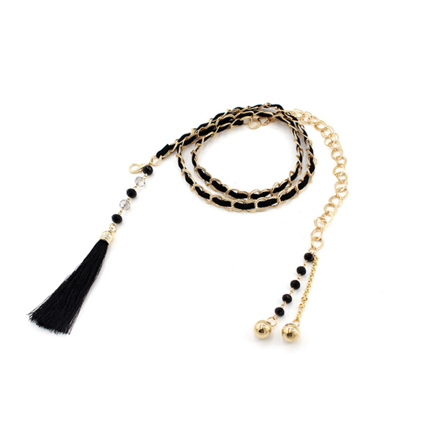 Women Metal Chain Belt Beaded Tassel Waistband Dress Decorative Belt