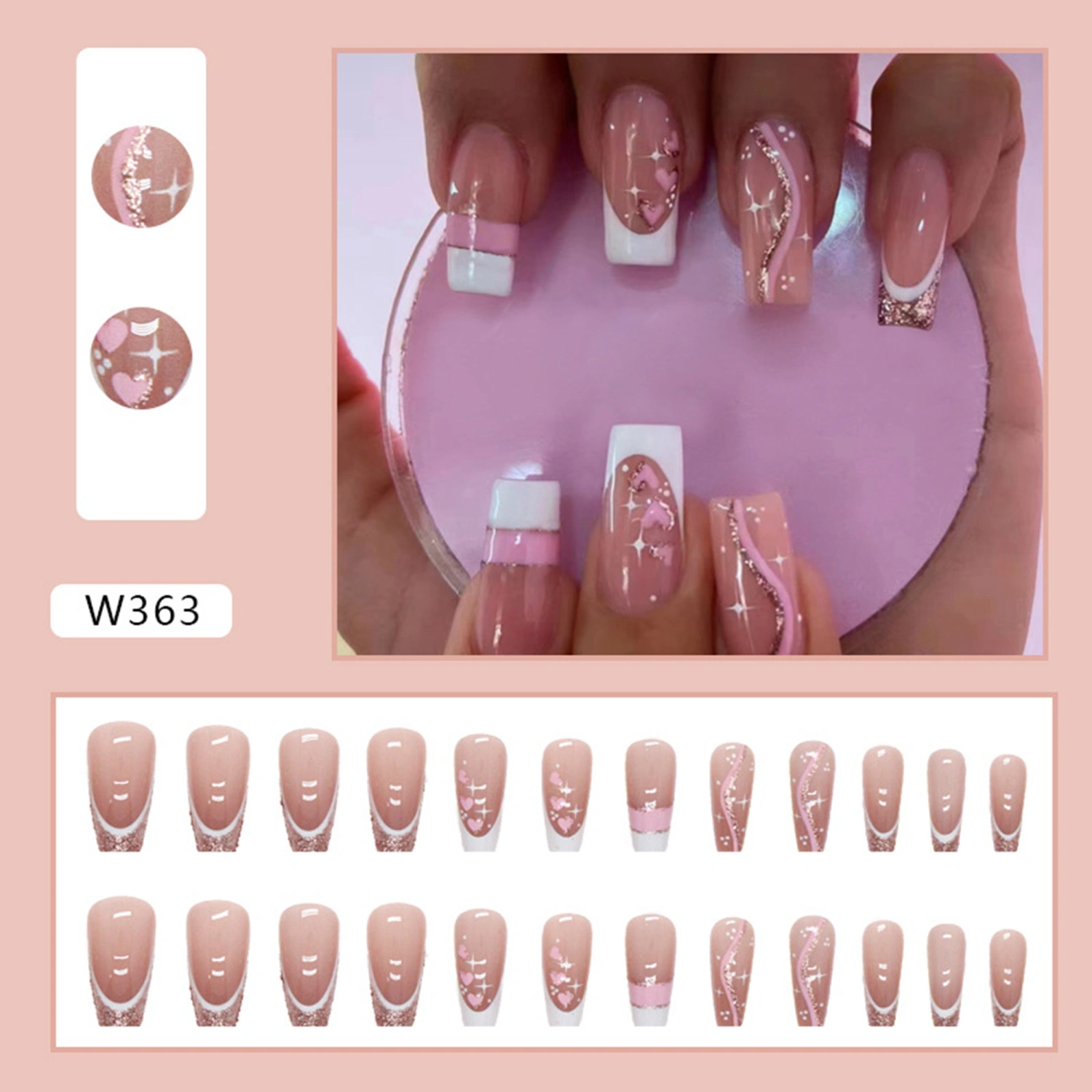 Medium Coffin Press on Nails 24Pcs Nails with Glitter Heart Designs