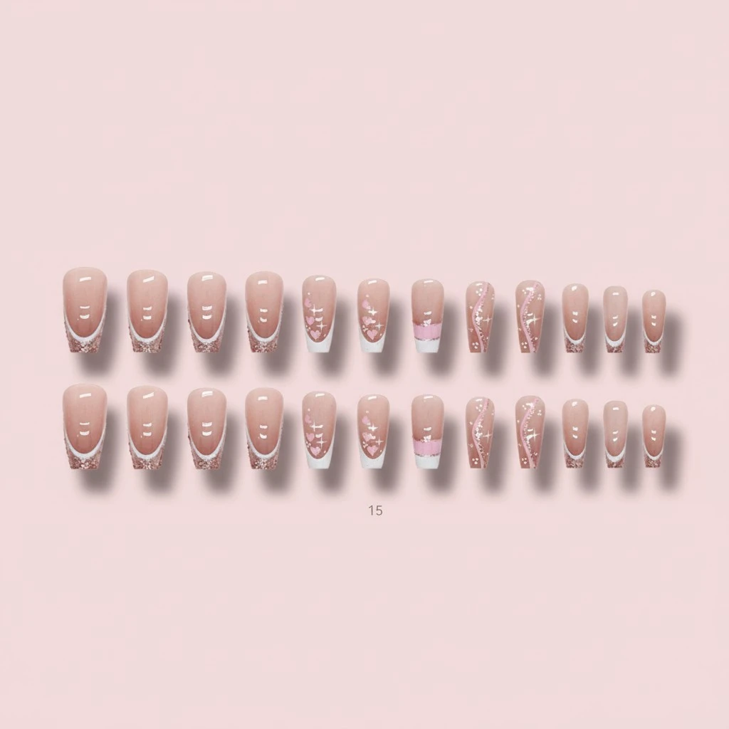 Medium Coffin Press on Nails 24Pcs Nails with Glitter Heart Designs