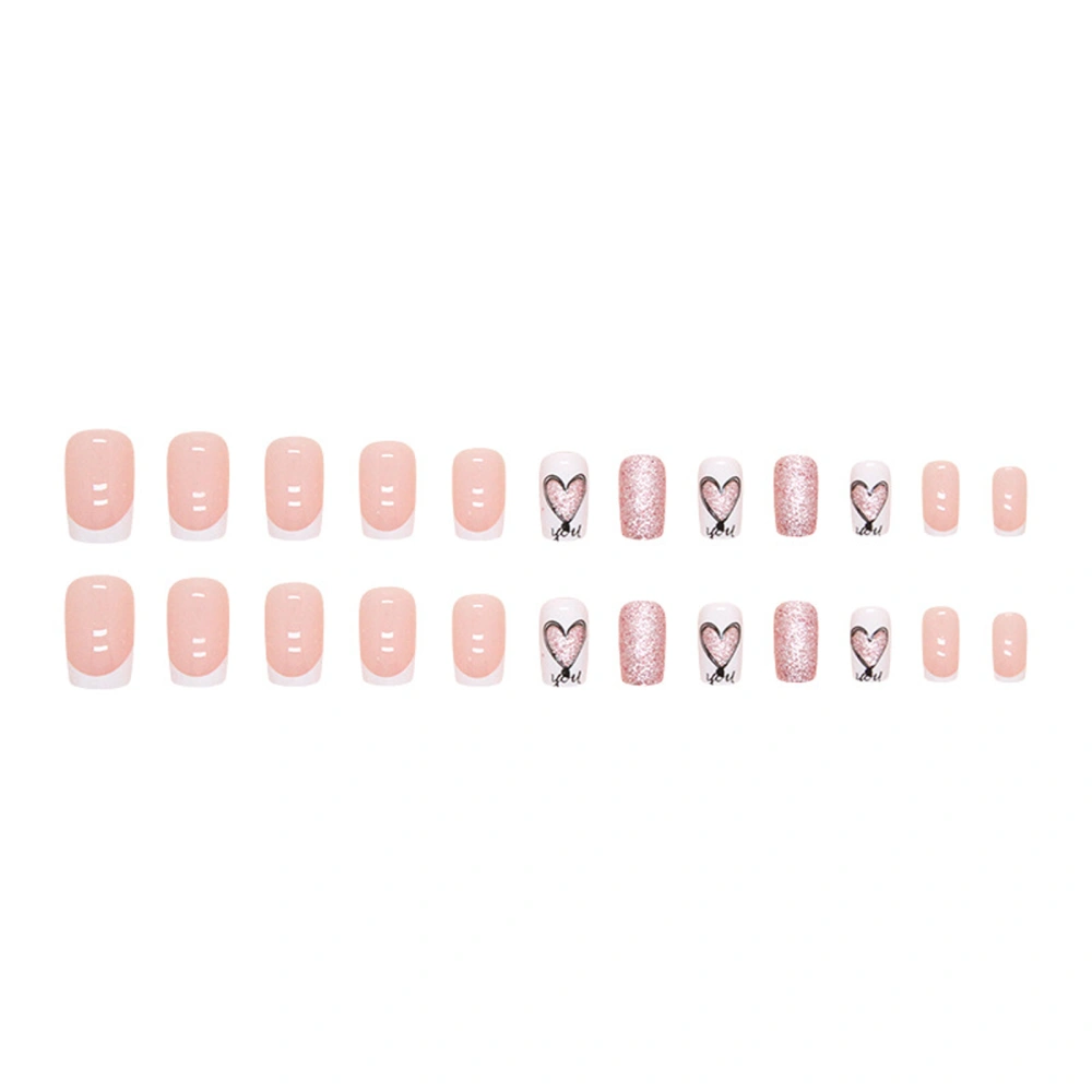 24pcs Fake Nails, DIY French Style Heart Glitter Glue On Nail Tips