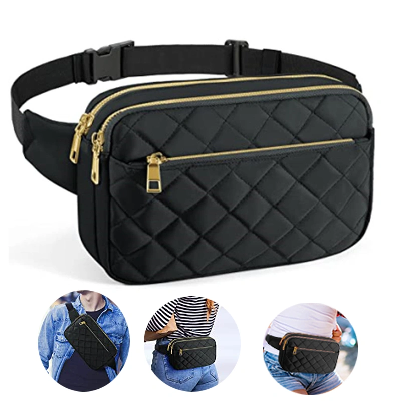 Women Men Nylon Plaid Waist Bag Sport Zipper Chest Bag-