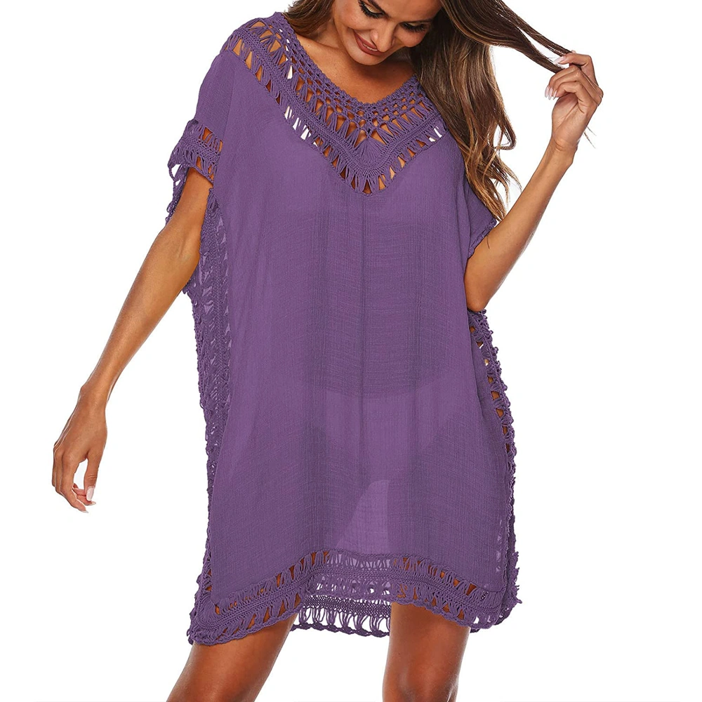 Women Bikini Cover Up Short Sleeve V-Neck Beach Dress