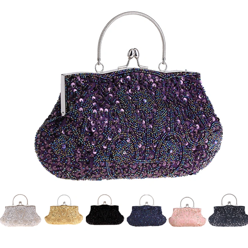Women Beaded Sequin Evening Bag Metal Handle Party Handbag