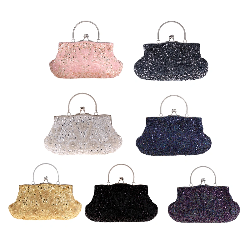 Women Beaded Sequin Evening Bag Metal Handle Party Handbag