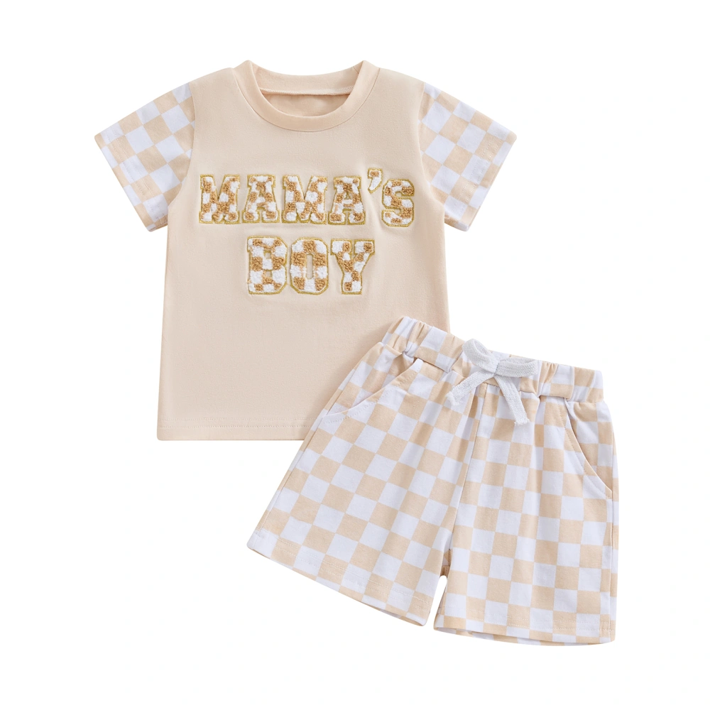 Boy Outfit Letter Embroidery Short Sleeve Tops Checkerboard Shorts