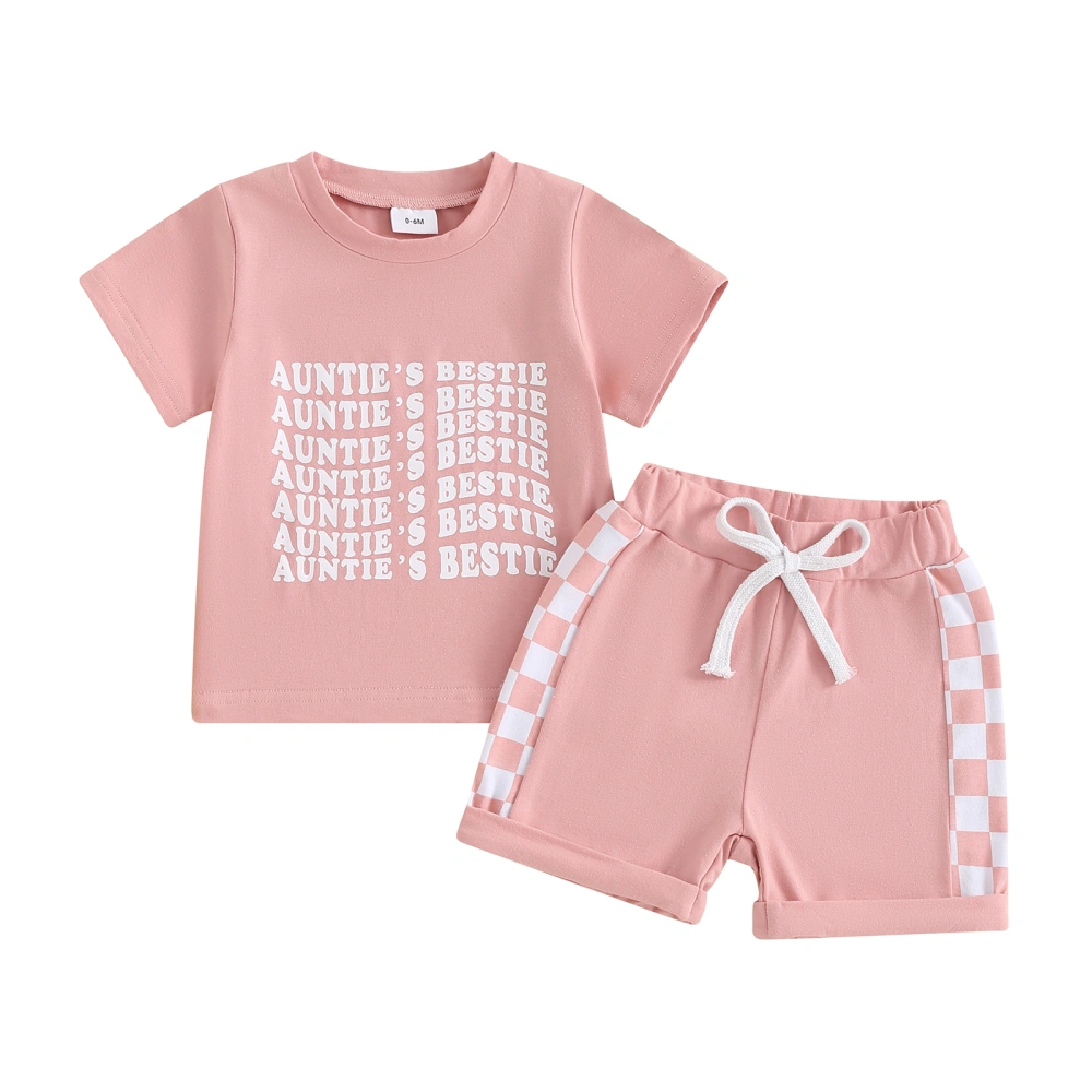 Girl Shorts Sets Short Sleeve Letter Tops Checkerboard Print Shorts