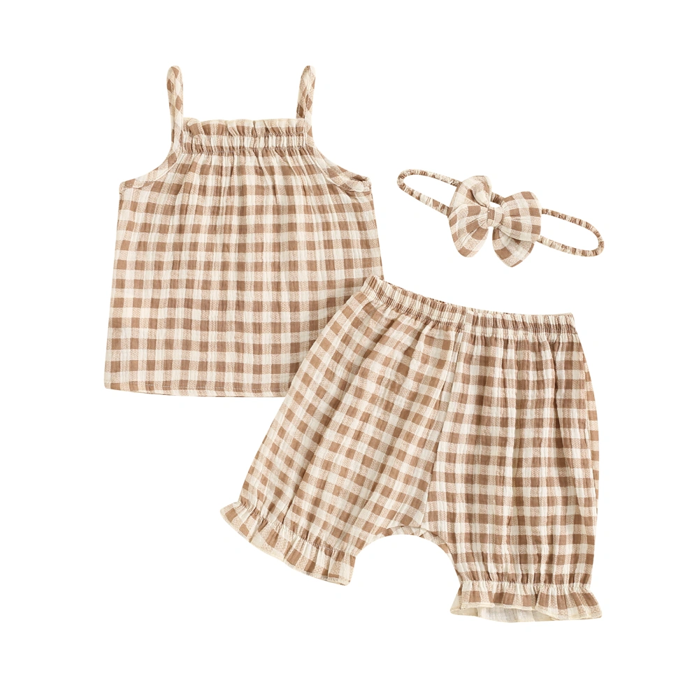 Baby Girl Summer Outfits Plaid Print Cami Tops + Shorts + Headband