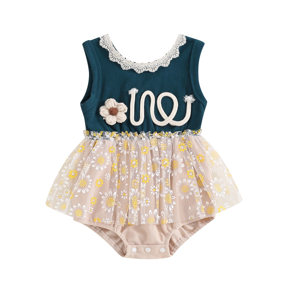 Baby Girls Rompers Dress 3D Flower Embroidery Sleeveless Bodysuits