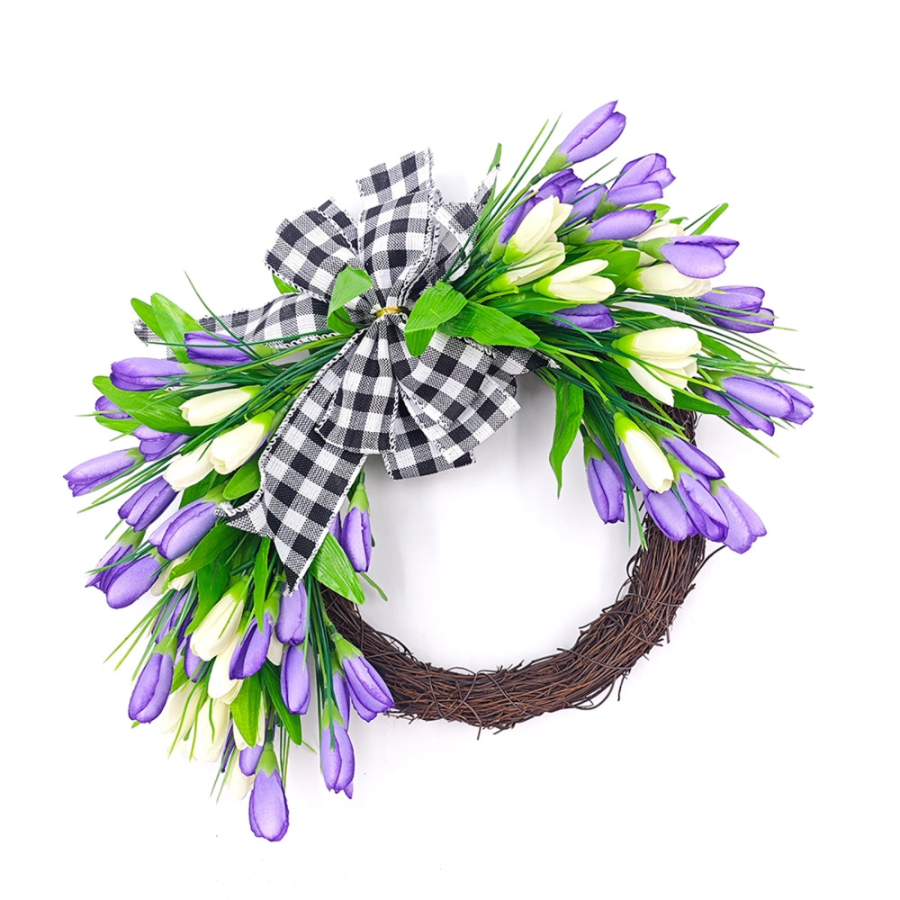 Spring Tulip Wreath Farmhouse Artificial Flower Wreath with Plaid Bow