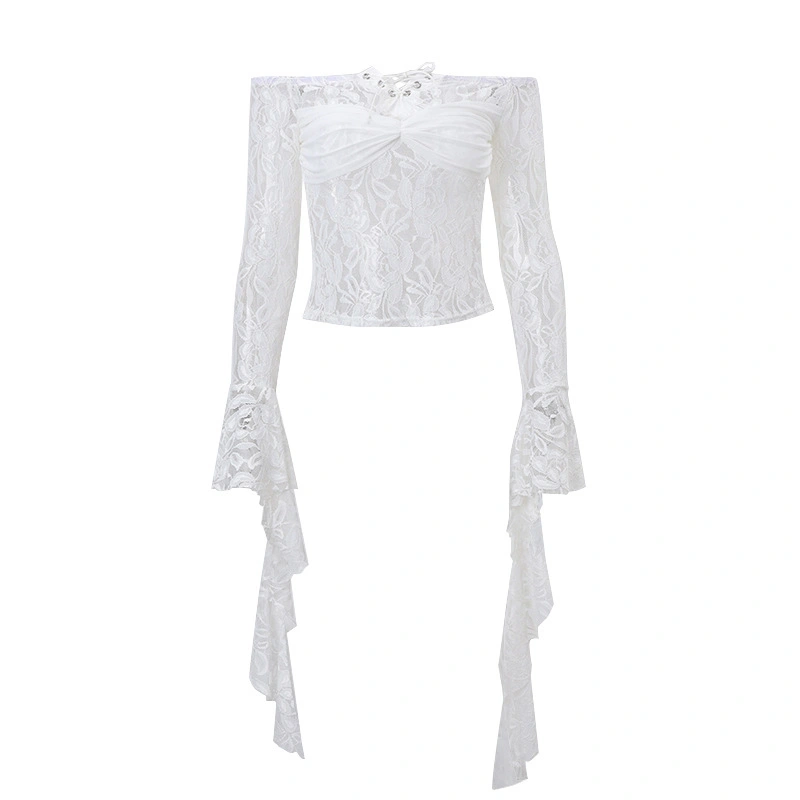 Women Crop Summer Tops Sheer Lace Off-Shoulder Long Sleeve Shirt 