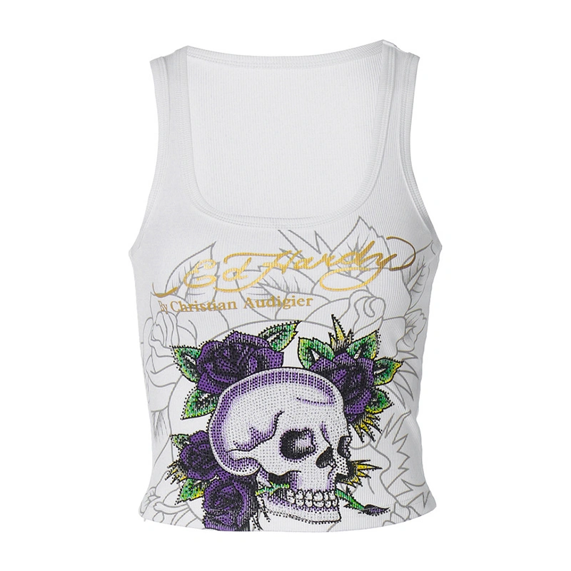 Women Cropped Tank Tops Rhinestone Skull Print Summer Basic Vest 