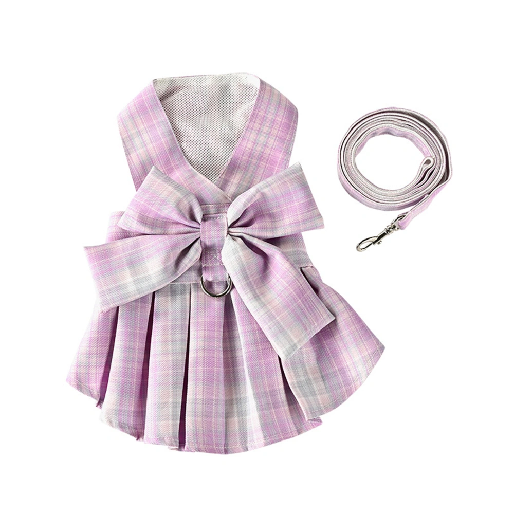 Dog Dress Harness and Leash Set, Plaid 3D Bow Dress Leash with Ring 