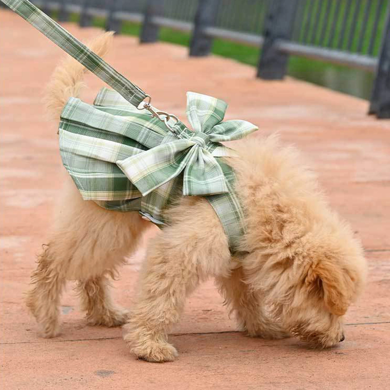 Dog Dress Harness and Leash Set, Plaid 3D Bow Dress Leash with Ring 