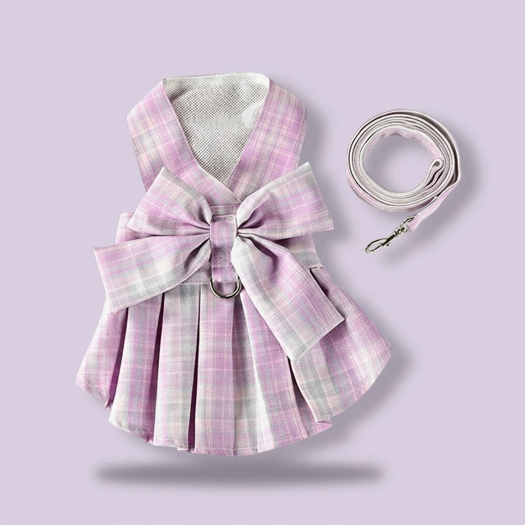 Dog Dress Harness and Leash Set, Plaid 3D Bow Dress Leash with Ring 
