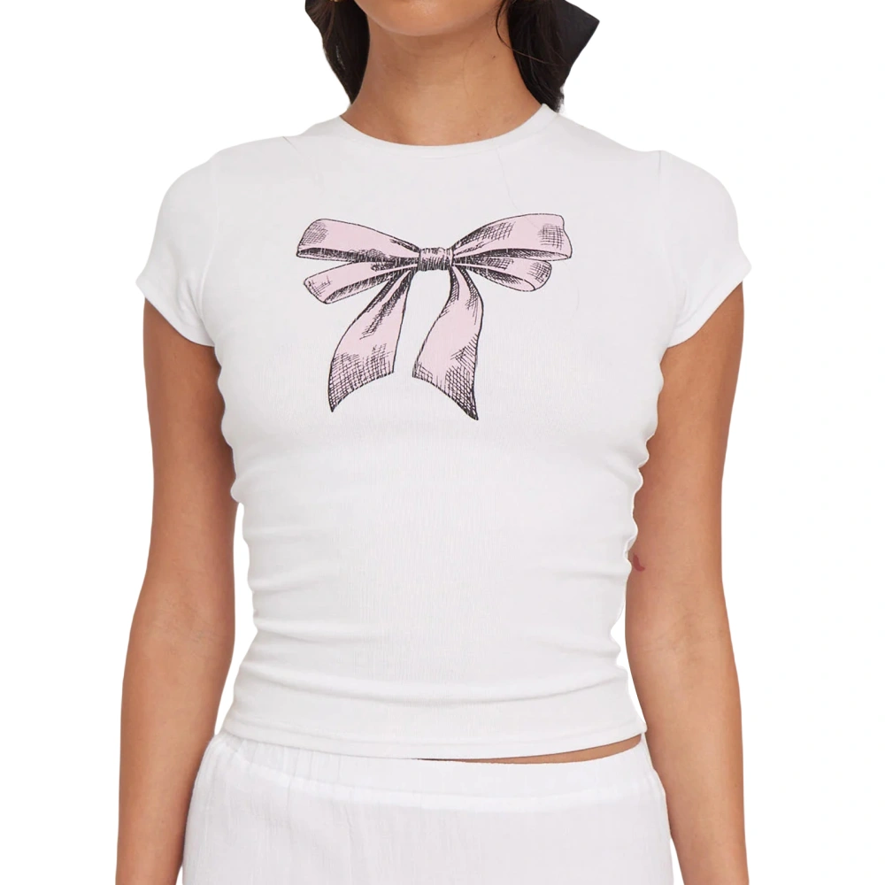 Women's Crew Neck Crop Tops Short Sleeve Bow/Cocktail Glass Print Tees