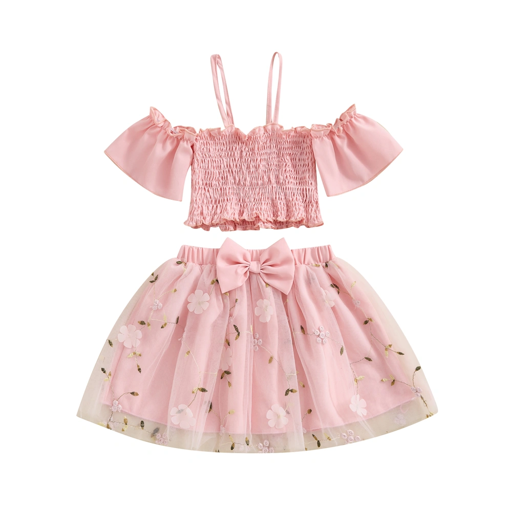 Little Girl 2 Piece Set, Cold Shoulder Shirred Tops Bow Tulle Skirt 