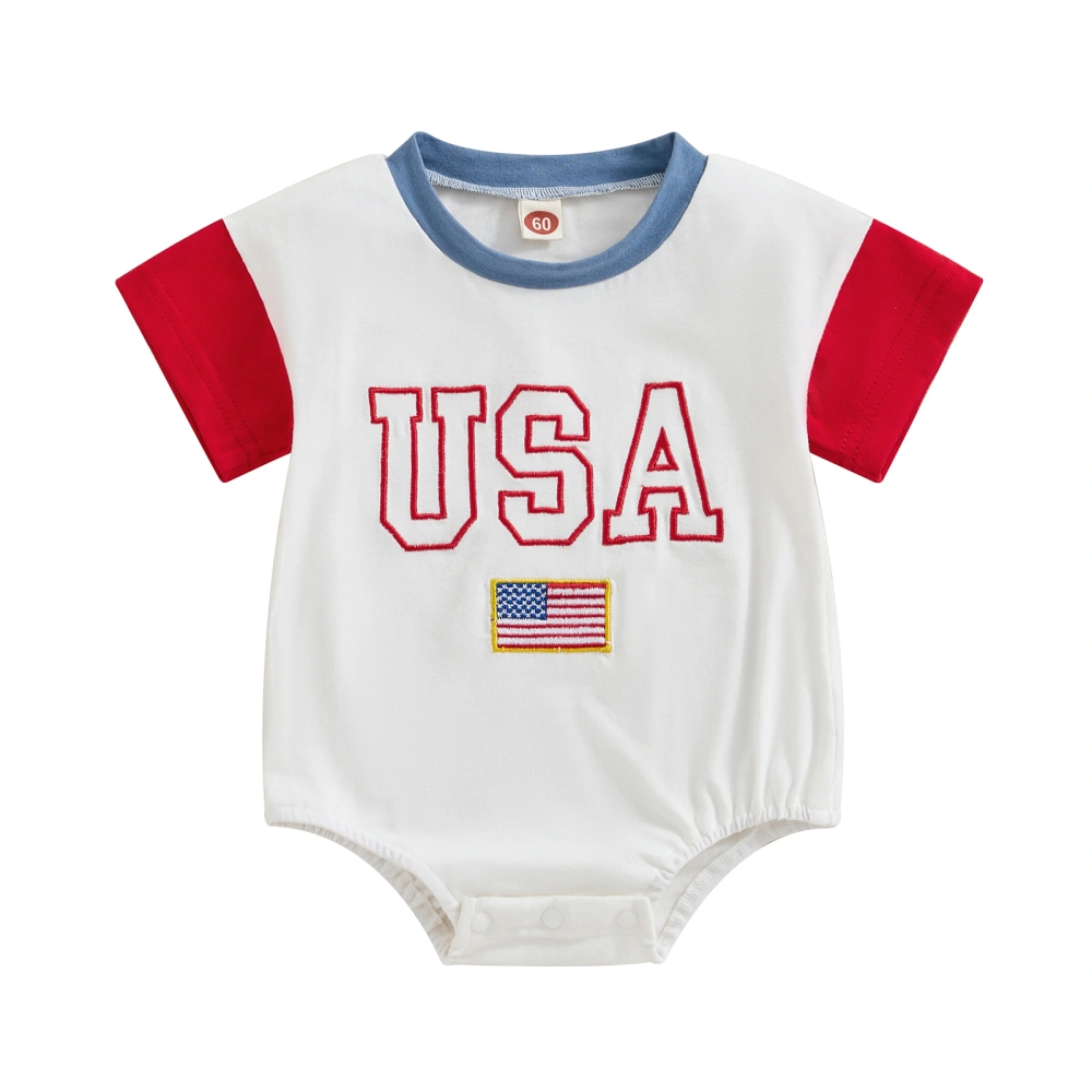 Baby 4th of July Romper Short Sleeve Letter Flag Embroidery Bodysuit