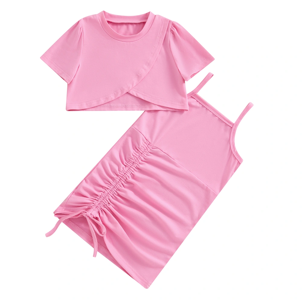 Girls Two Piece Outfits Solid Color T-Shirt and Sleeveless Dress