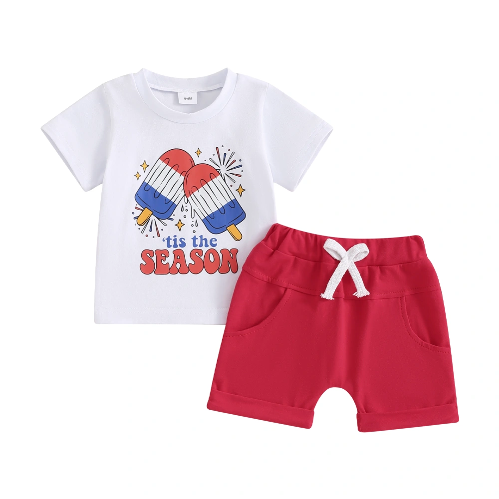 Boy 4th of July Shorts Sets Letter Ice Cream Print Tops Red Shorts Set